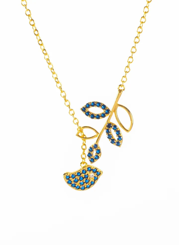 Blue Zirconic Tree Leaf Chinese Gold Pendant Necklace