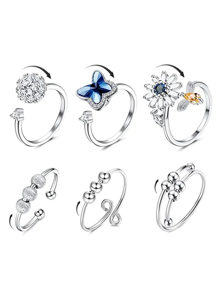 6 Pcs Silver Plated Rings Set Fidget Anxiety Rings for Women Adjustable Open Ring Set Stack Rings Above Knuckle Stress Relief Stackable Rings Gift for Women Men Girls