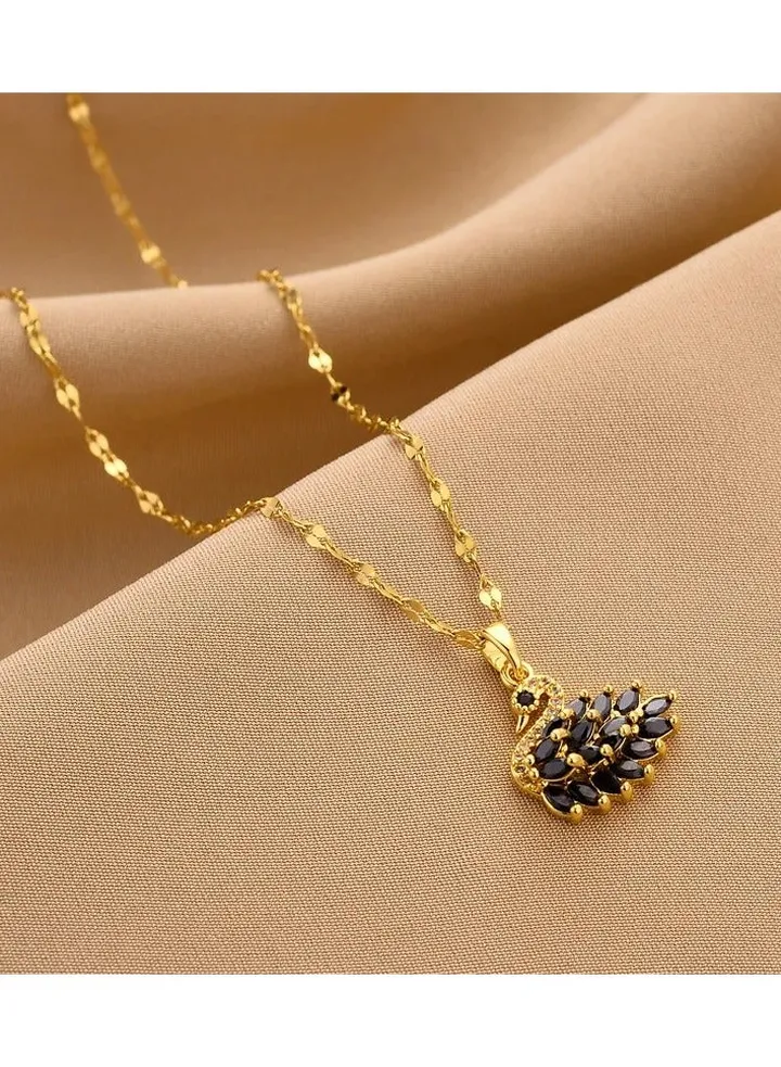 Black Zirconic Golden Stainless Steel Flamingo Pendant Necklace