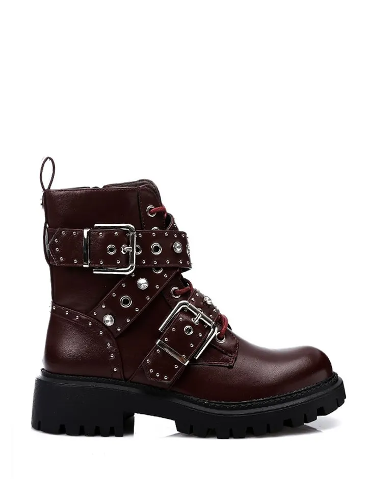 Multiple Belts Trendy Ankle Boots With Chunky Sole - Burgundy