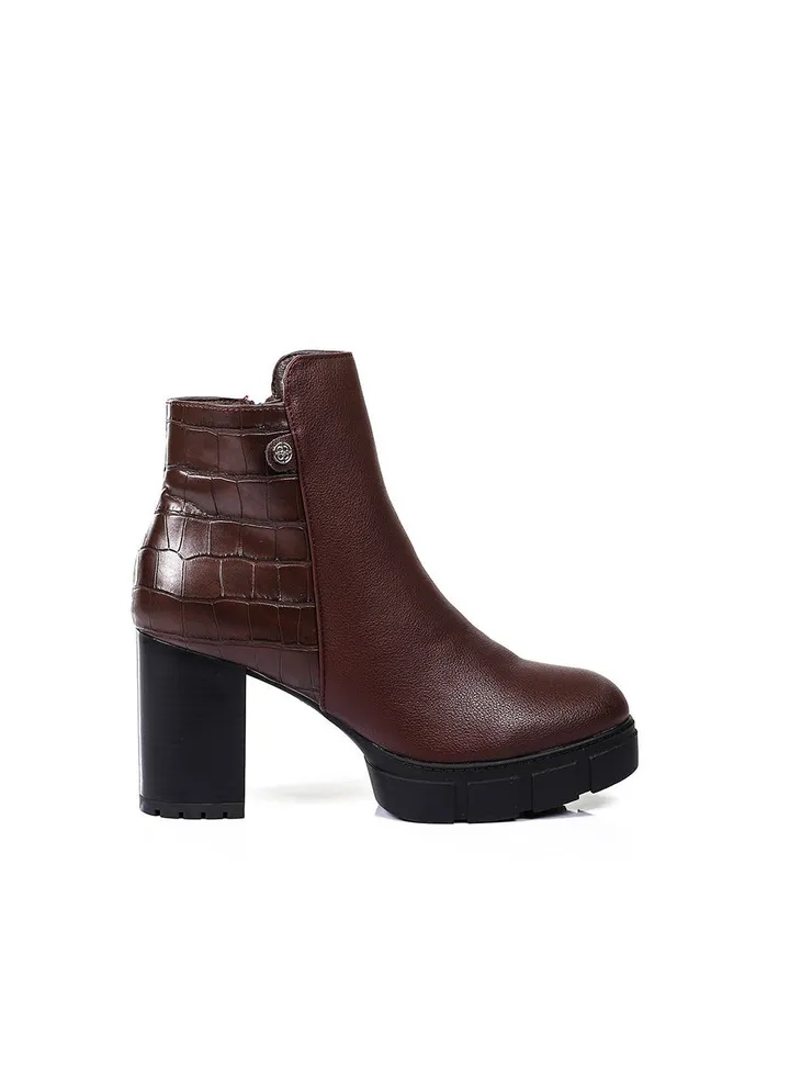Double Patterned Heeled Chunky Boots - Burgundy