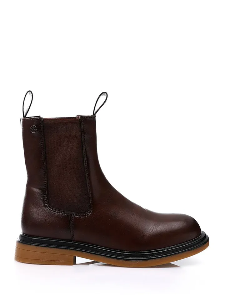Plain Slip On Mid Calf Boots - Reddish Brown