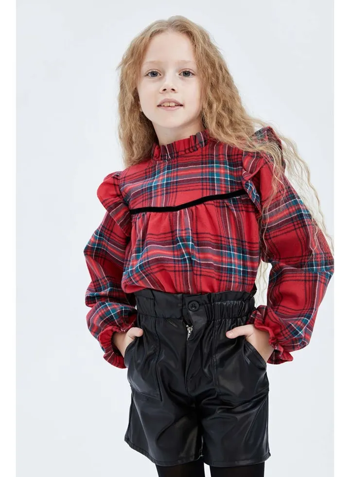 Girl Stand- Up Collar Woven Long Sleeve Blouse