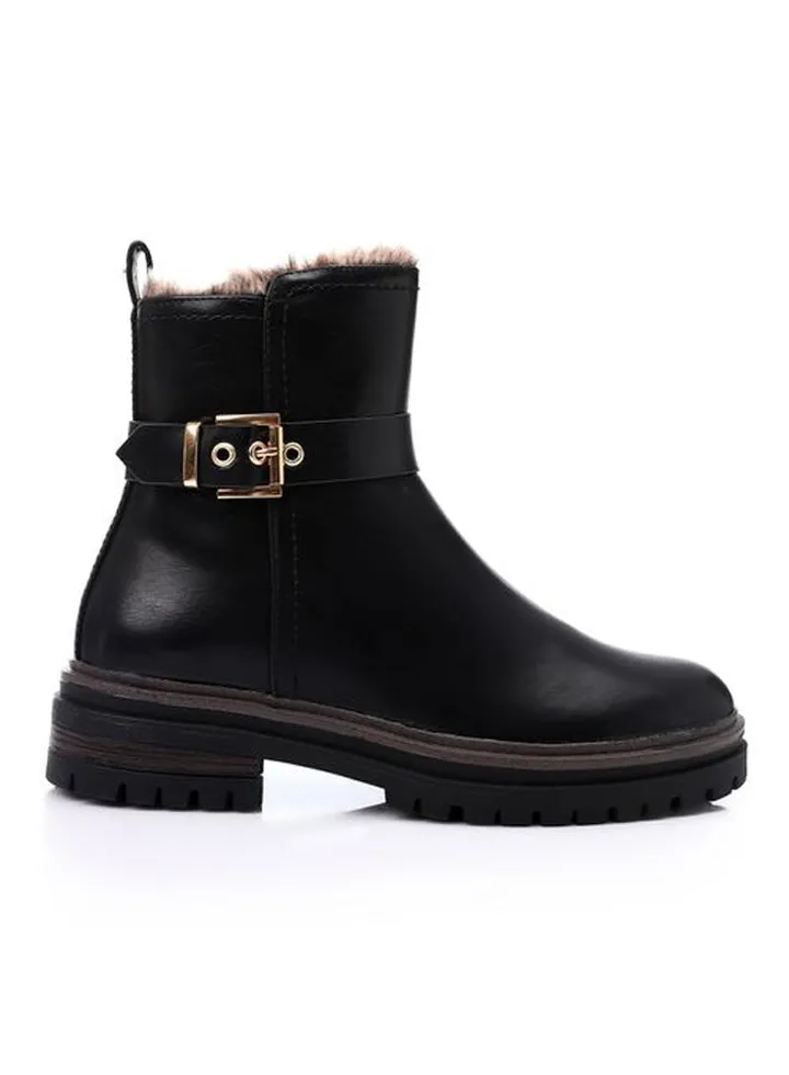 Zipper Mid Calf Boots With Decorative Buckle - Black