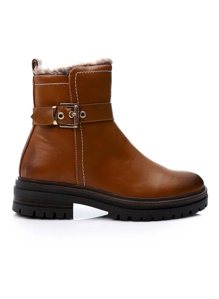 Zipper Mid Calf Boots With Decorative Buckle - Havana