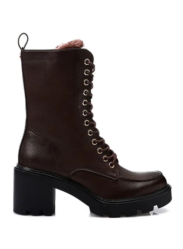 Block Heeled Leather Mid Calf Boots - Dark Brown