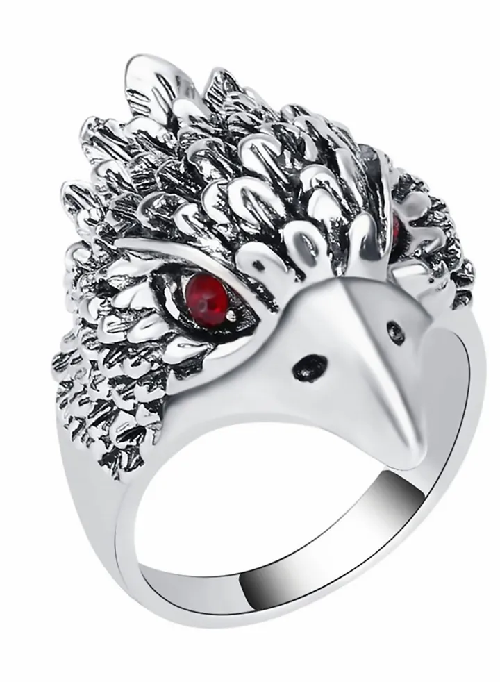 Alloy Hawk Eagle Ring, Men's Domineering Red Eyes Large Rings, Vintage Tribal Biker Ring Band