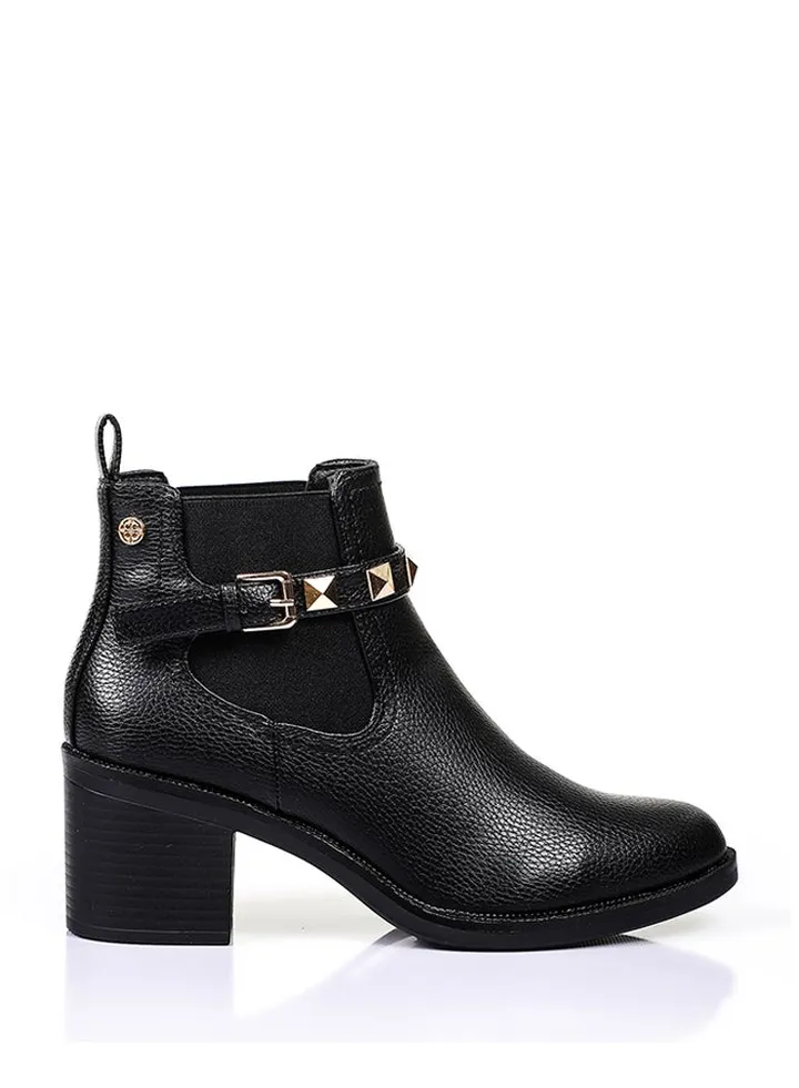 Studded Decorative Ankle Strap Leather Ankle Boots - Black