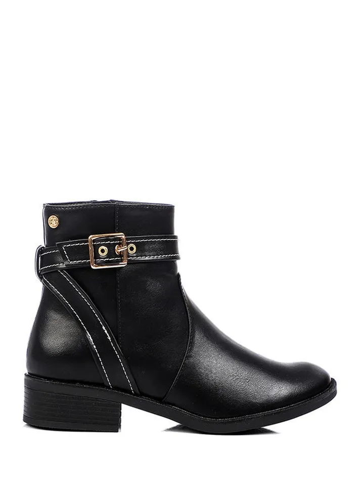 buckle strapped multi material ankle boots