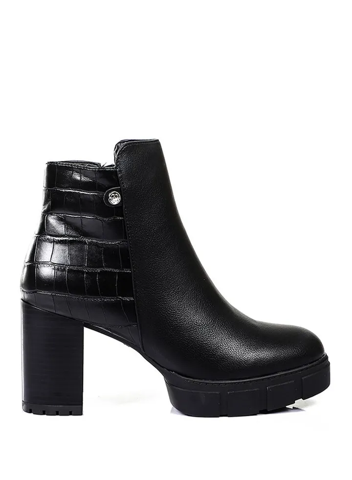 Double Patterned Heeled Chunky Boots - Black