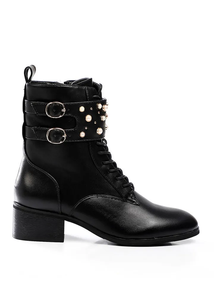 Beads & Gold Details Allover Decorative Buckle Boots - Black