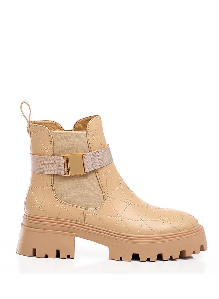 Stitching Details Allover Ankle Boots - Nude Beige