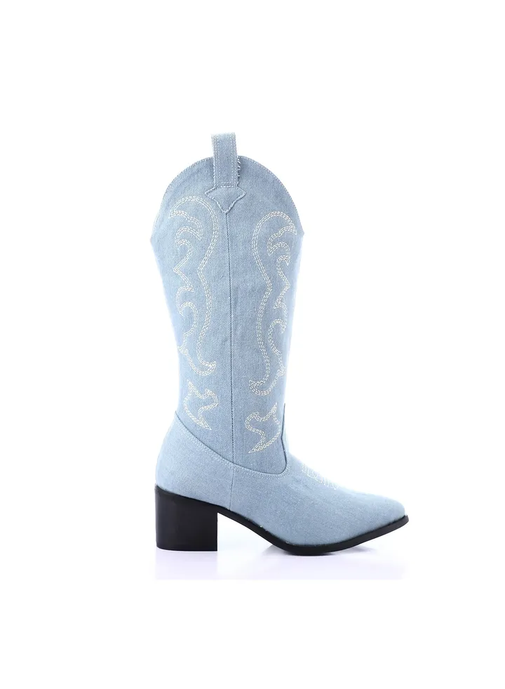 Embroidered Denim Pointed Cowboy Boots - Baby Blue
