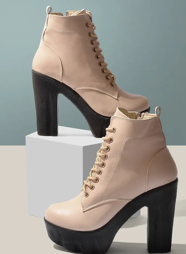 Ankle Boot Leather Heel 7cm-Beige