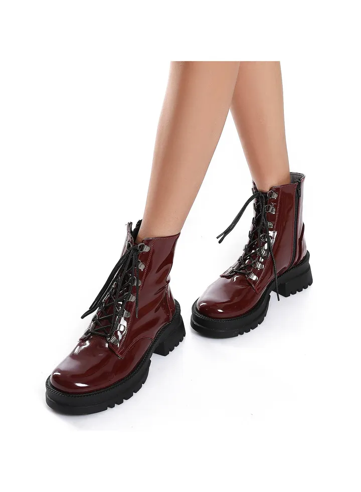 Side Zipper Half Army Boot - Burgundy