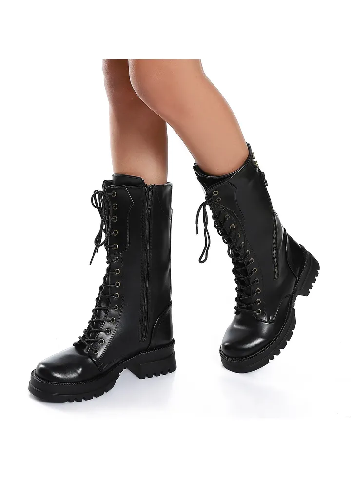 Round Toecap Zipper And Lace Up Boots - Black
