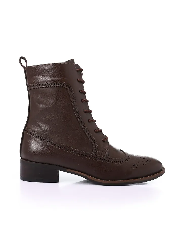 Perforated Pattern Lace Up Ankle Boots - brown