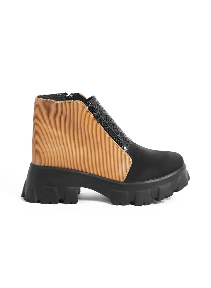 Half Boot Satain Fabrice Texture Leather Match Matt Leather And Animal Print Snake Texture Douple Zipper