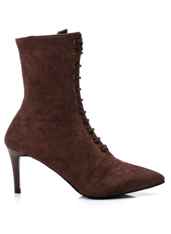 Lace Up and Zipper Closure Pointed Toecap Ankel Boots - Mocha Brown