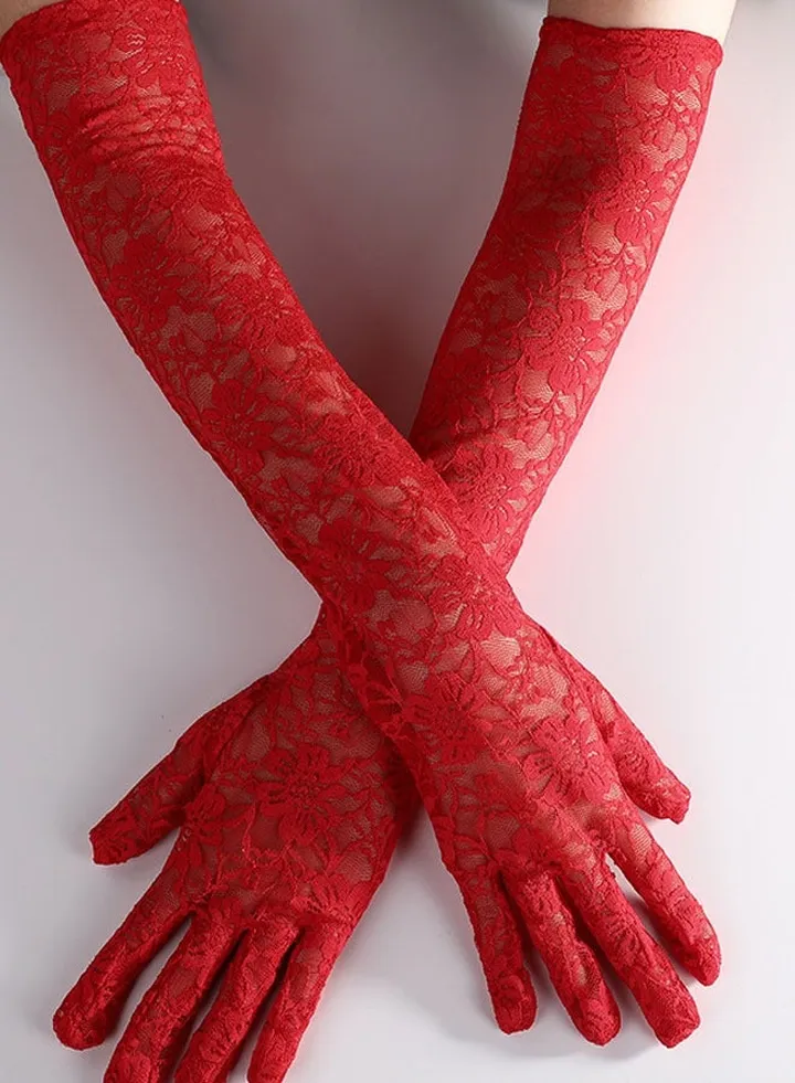 Ladies Lace Long Gloves,Women's Long Lace Gloves Floral Lace Gloves Bridal Wedding Gloves Prom Opera Mittens Fancy Dress Gloves Sun UV Protection Driving Gloves for Women(red)