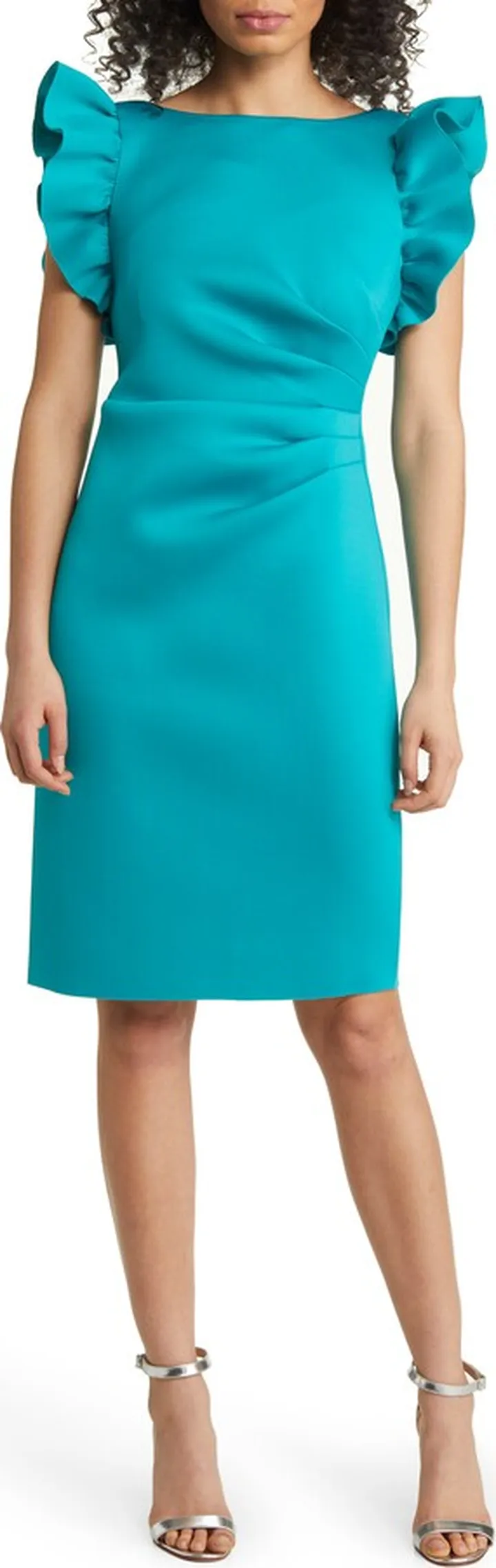 Ruffle Sleeve Satin Cocktail Sheath Dress