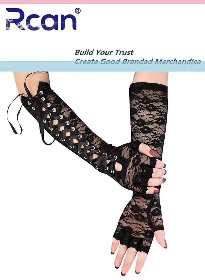 Ladies Retro Sunscreen Lace Gloves Bridal Wedding Dress Accessories Mesh Anti-UV Sleeves Adjustable Tie Rope Long Half Finger Driving Gloves for Women