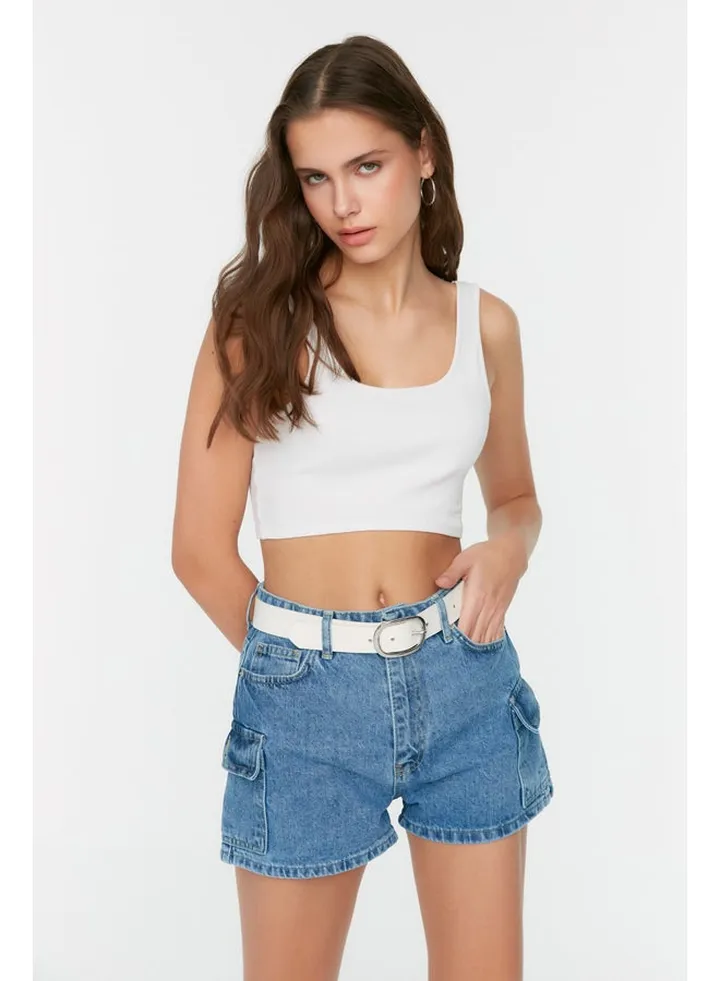 Blue Cargo Pocket Detailed Denim Shorts
