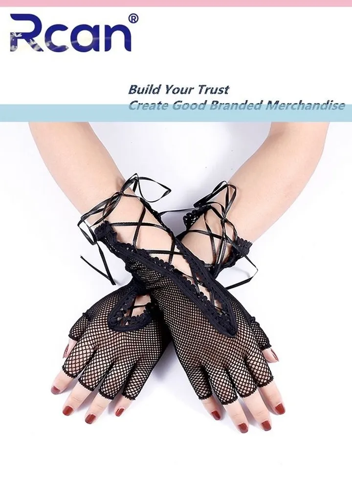 Ladies Retro Sunscreen Lace Gloves Bridal Wedding Dress Wrist Accessories Mesh Anti-UV Adjustable Tie Rope Short Half Finger Driving Gloves for Women