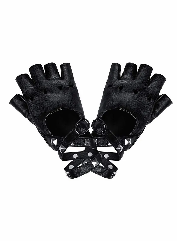 PU Gloves, Fingerless Punk Leather Gloves with Rivets Half Finger PU Leather for Hip Hop, Performances, Parties, Live House (Black)