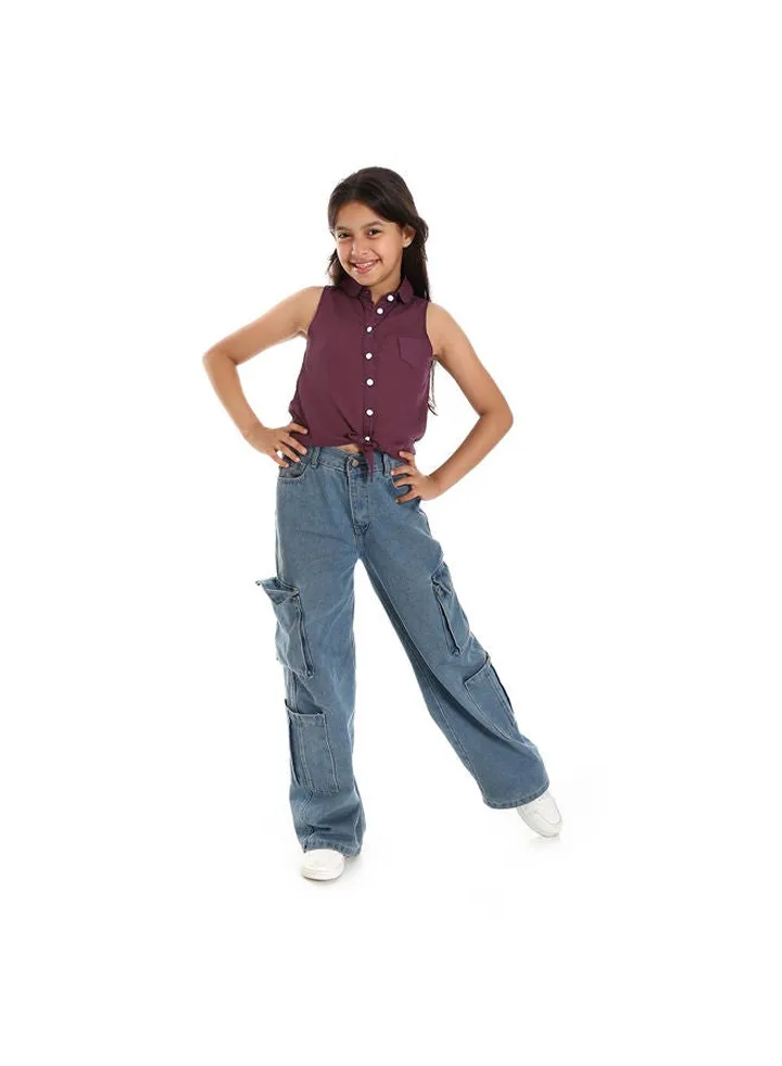 Sleeveless Eggplant Self Patterned Girls Shirt-Eggplant