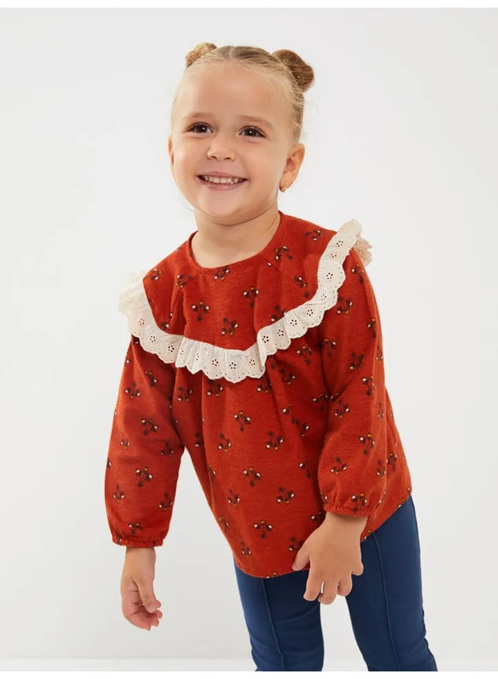 Crew Neck Long Sleeve Printed Cotton Baby Girl Blouse