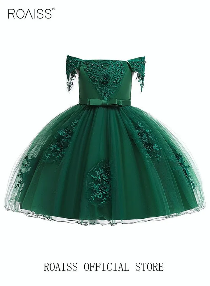 Girls Party Dress Flower Appliques Gown Princess Dress One Shoulder Beads Sleeveless Toddler Little Kids Party Wear Wedding Evening Formal Pageant Dance Gown for Birthday