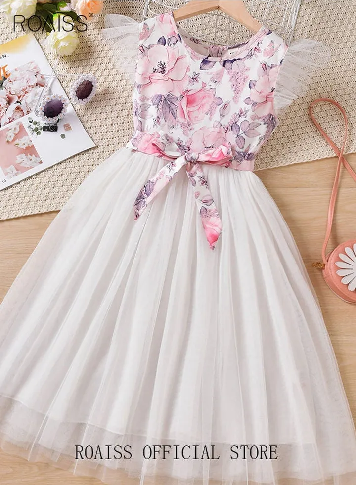 Girls Floral Print Ruffle Sleeve Mesh Overlay Belted Dress Princess Dress Toddler Big Kids High Waist A-Line Dress Birthday Casual Stylish Party Wear Wedding White
