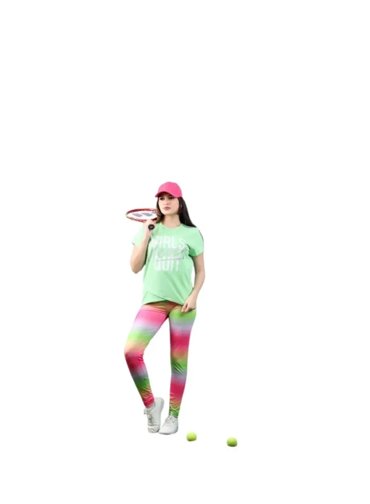 A two-piece girls' sports set, a light green T-shirt and green pants in pink