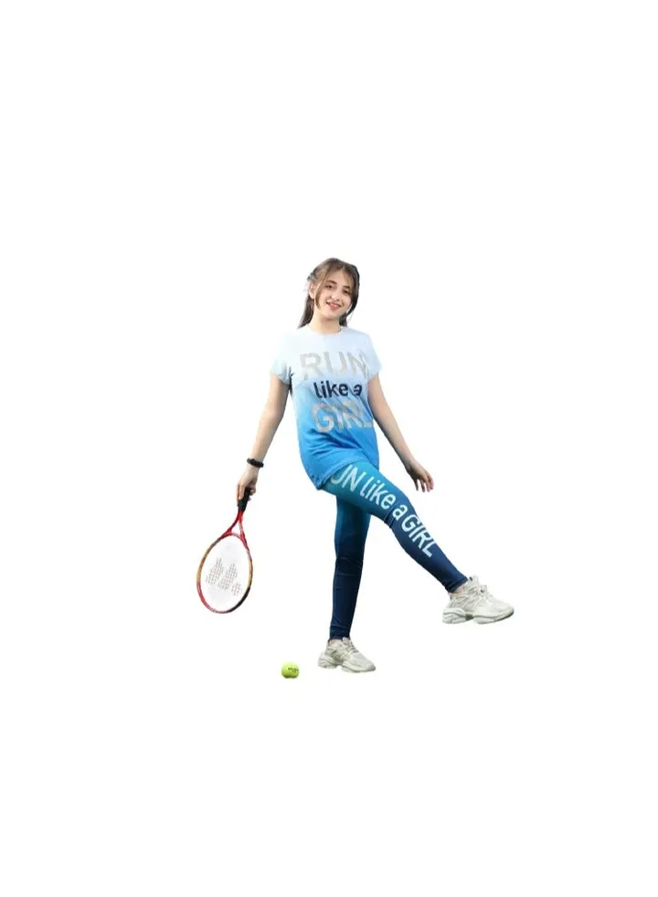 A two-piece girls' sports set: a baby blue T-shirt in gray and baby blue pants