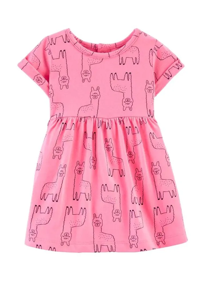 Cotton Llama Printed Jersey Dress Pink/Black