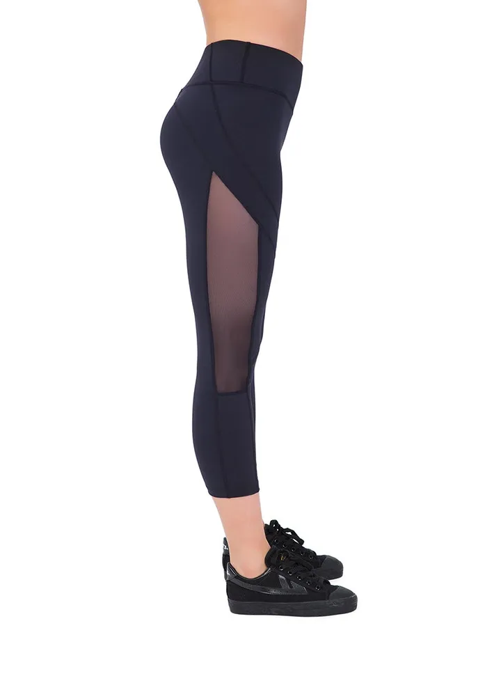 Women's Mid Waist Side Mesh Dry Fit Workout Capri Leggings with Inner Pocket