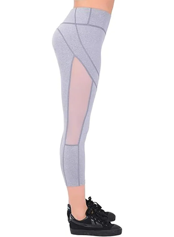 Women's Mid Waist Side Mesh Dry Fit Workout Capri Leggings with Inner Pocket