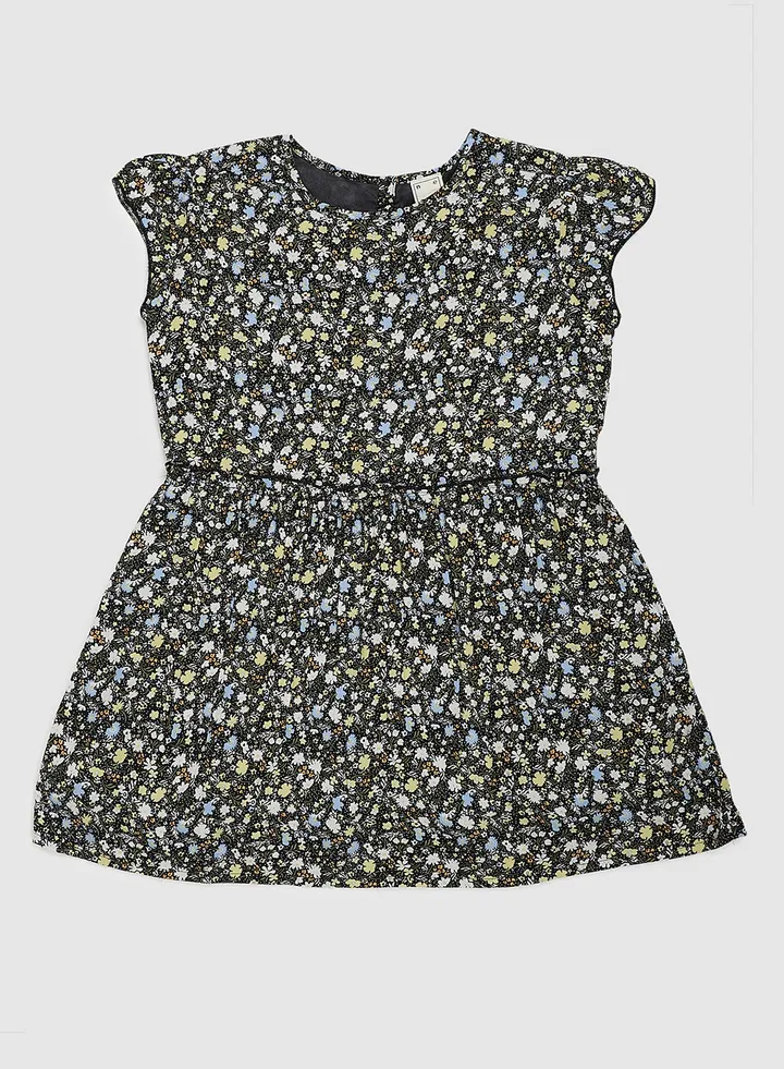 Floral Printed Round Neck Cap Sleeve Dress Black/Blue