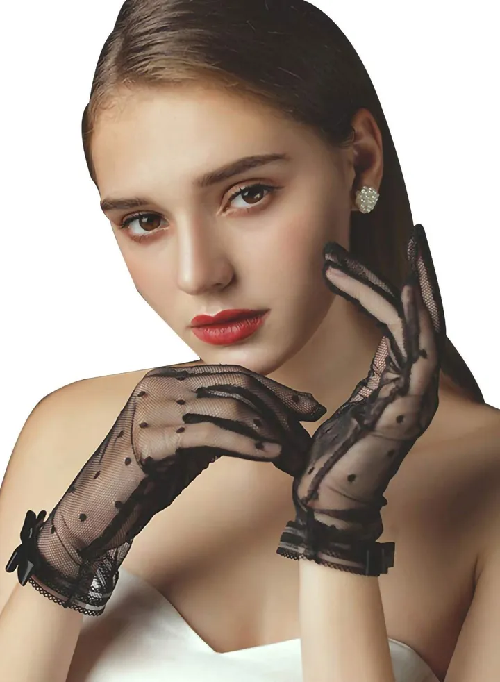 Ladies Lace Gloves Short Tea Party Costumes for Wedding Dinner Cosplay Party, Black
