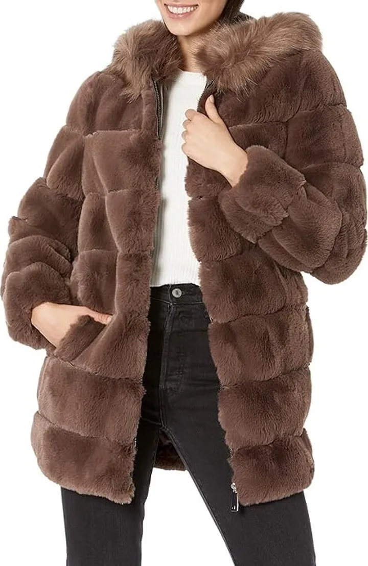 Calvin Klein Hooded Faux Fur Jacket (Brown) Women's Jacket