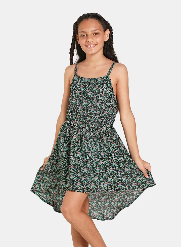 Printed Square Neck Straps Knee Length Dress Multicolour Blue