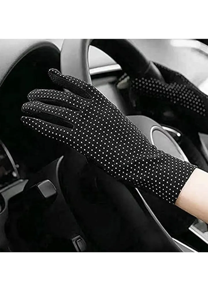 Women's cotton driving gloves with a black dotted design, suitable for all women