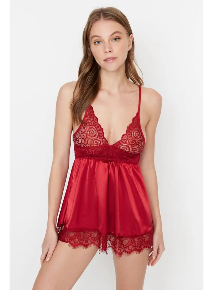 Burgundy Satin Lace Detailed Babydoll THMSS22LL0001