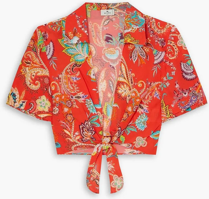 May cropped tie-front printed crepe top