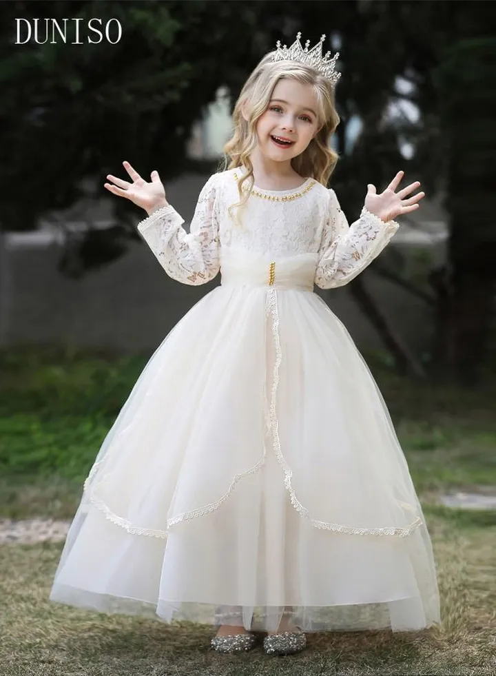 Girls Dress Kids Evening Dress Long Sleeve Lace Party Dresses with Tutu Skirt Toddler Princess Birthday Party Wedding Dresses Flower Girls Dress