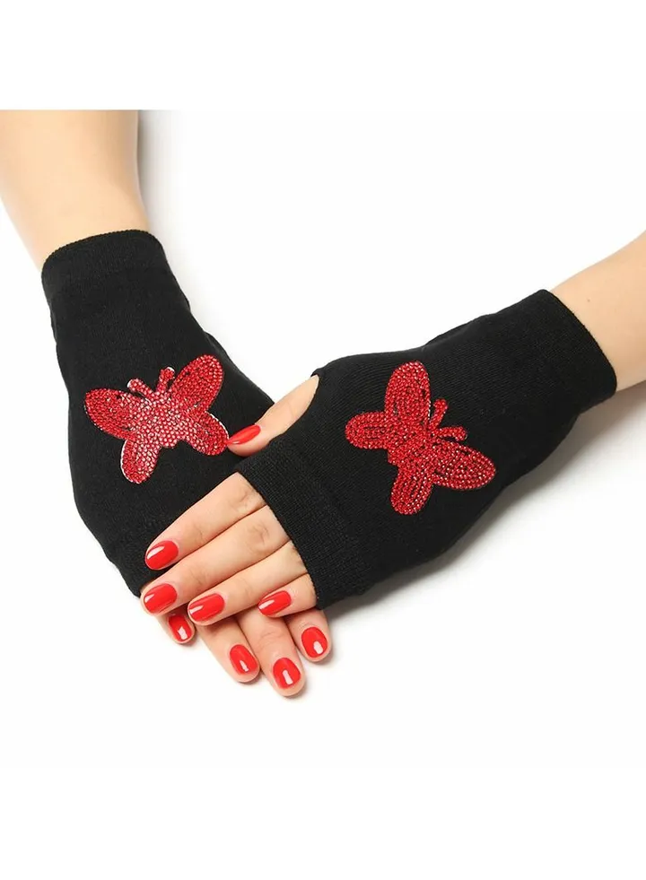 Fingerless Knit Printed Gloves