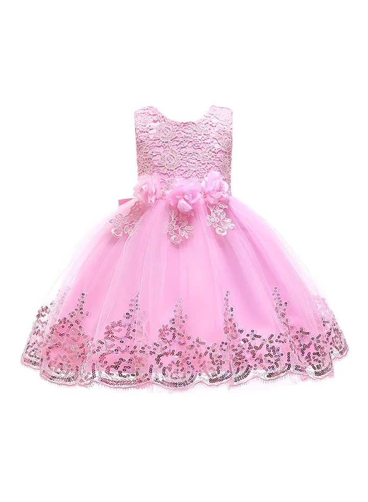 Hand-stitched Sequins Flower Mesh Dress Pink