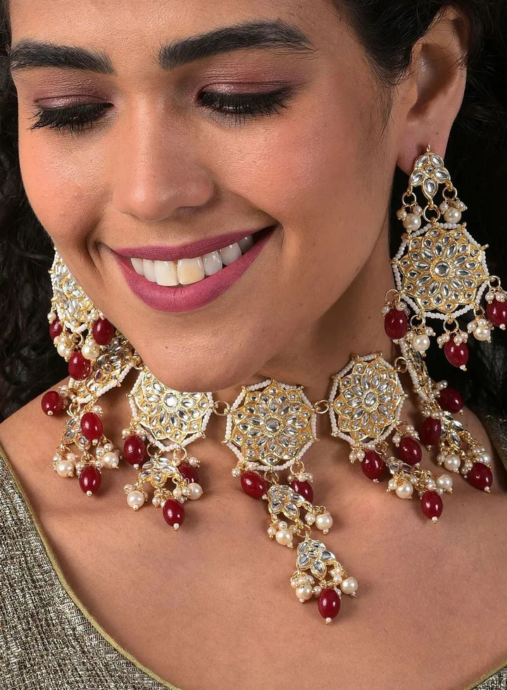 Gold Plated Kundan & Beads Necklace and Earrings Set