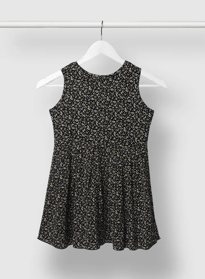 Girls All Over Print Casual Cotton Dress Black / White